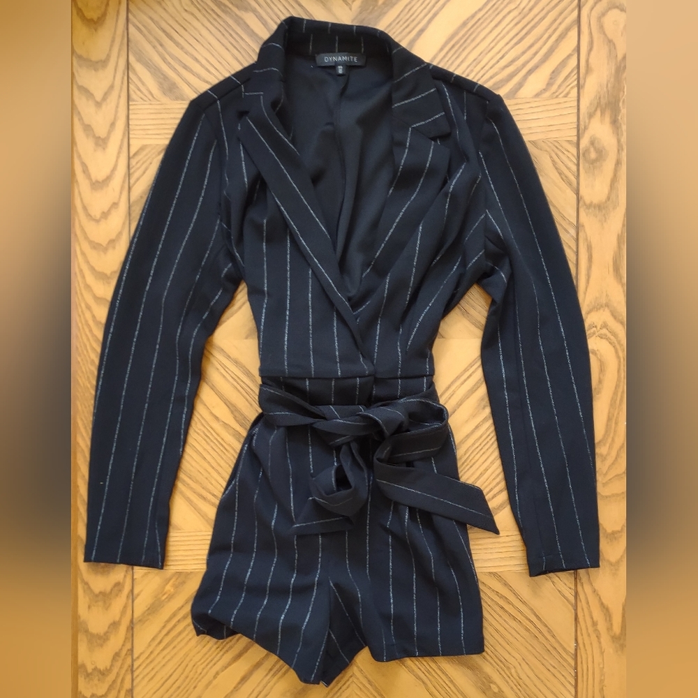 Dynamite blazer black lined detailing tie romper